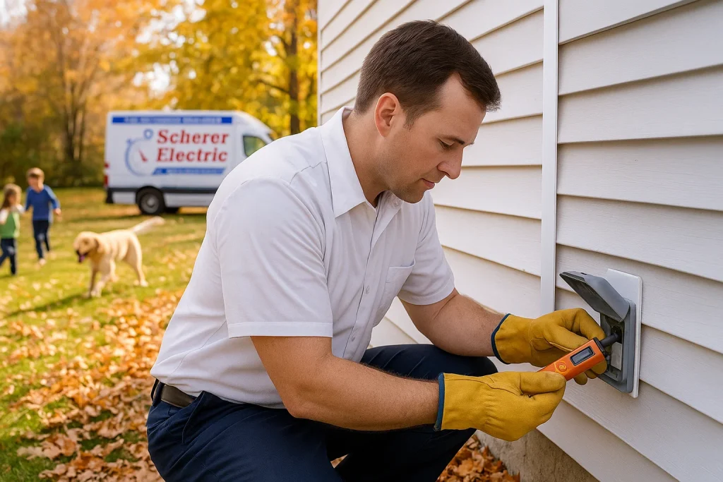 Buffalo electrician inspects outdoor outlet with fall weather protection