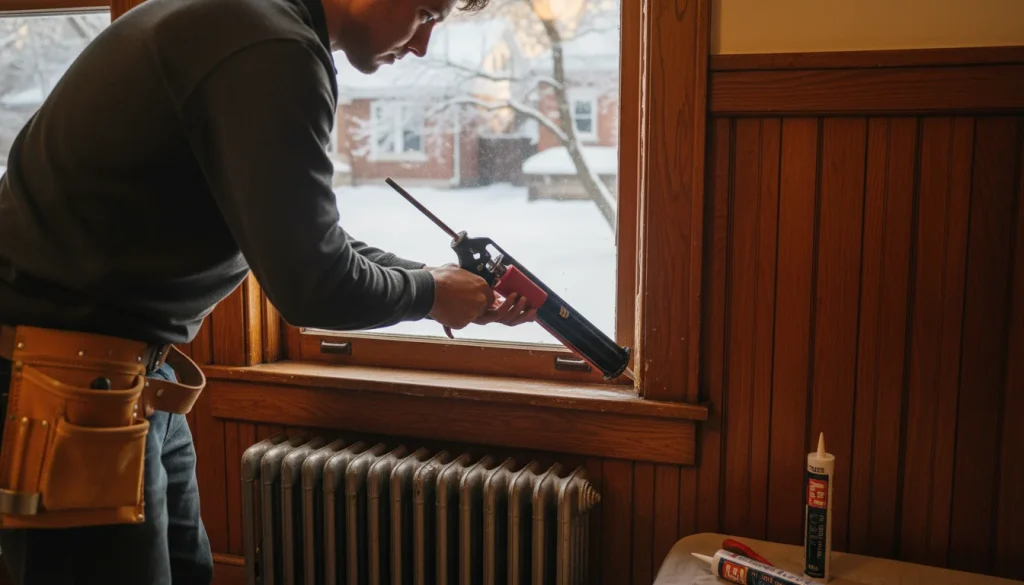 Sealing window trim with caulk to improve insulation and reduce heating costs