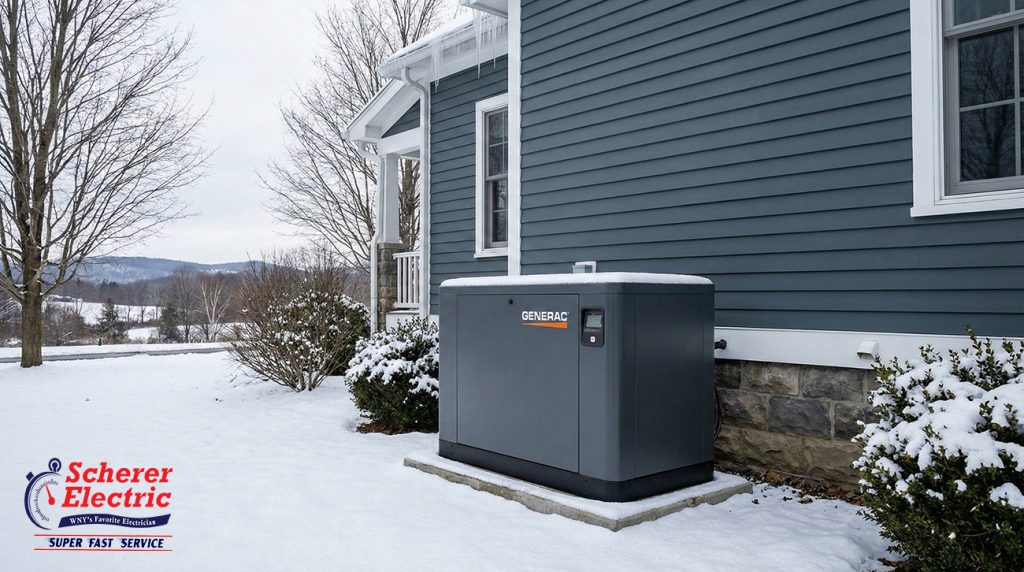 a modern electrical generator against the side of a house in western New York state