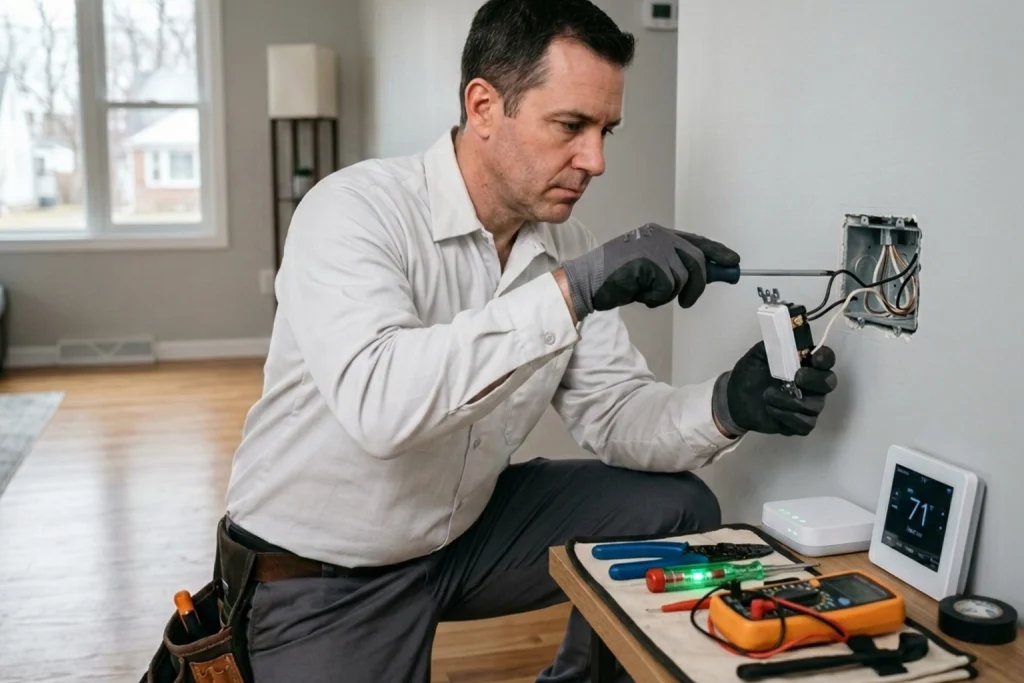Electrician installing smart switch for safer efficient home